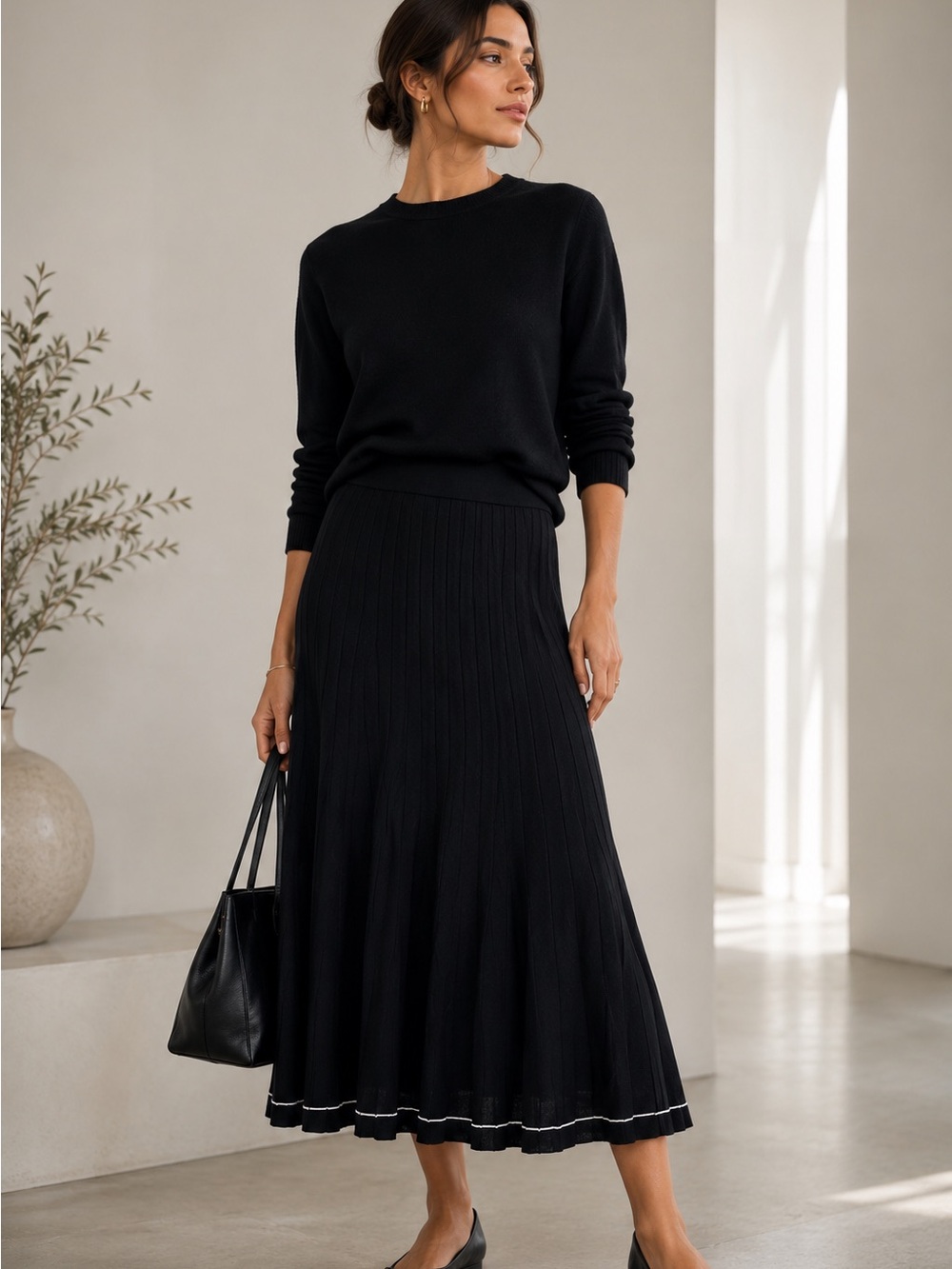 COS Black Pleated Knit Midi Skirt Minimalist A-Line Elastic Waist XS
